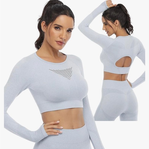 jollmono Tops - Jollmono Seamless Long Sleeve Open Back Crop Top Gray Size S